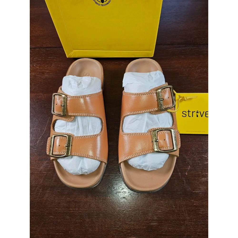 Womans Stive Footwear Largo Slip on Sandal Tan Leather‎ Double Buckle Sz 6 $114